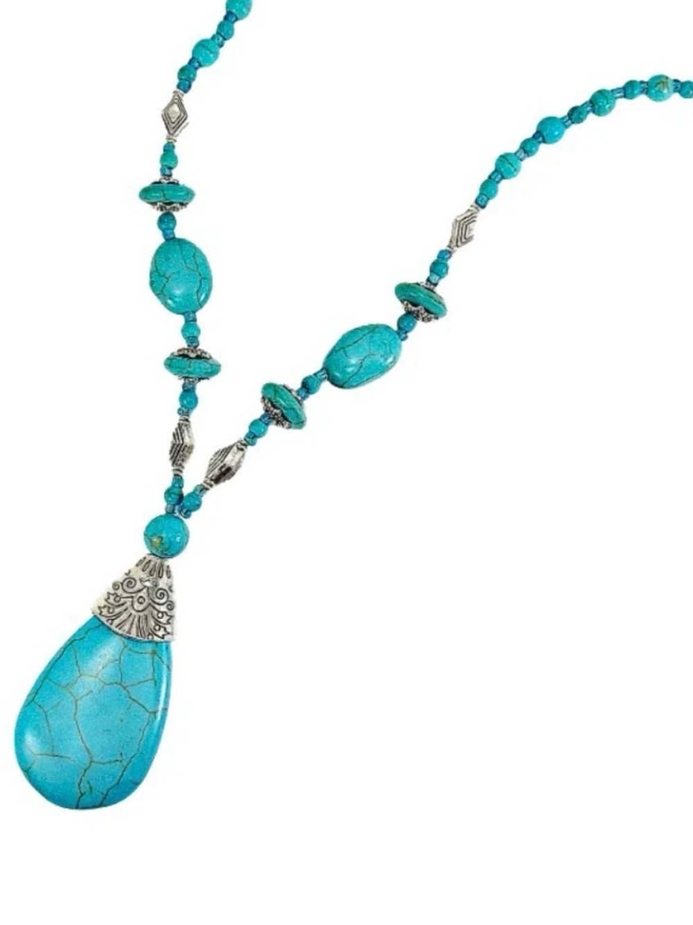 Turquoise Stone Necklace Large Teardrop Pendant Boho Antique Silver Statement